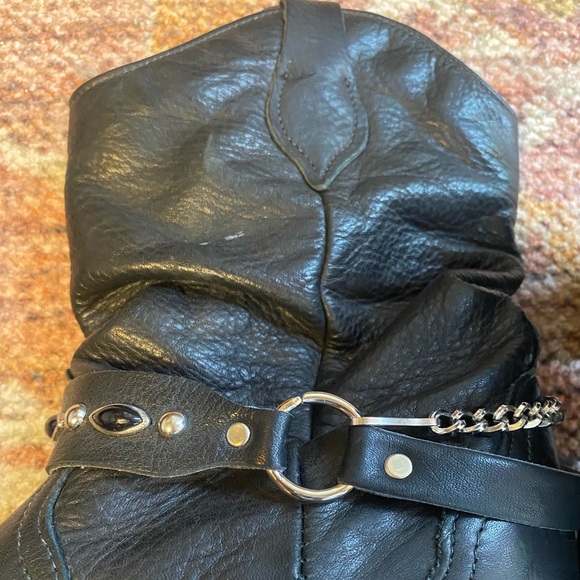 Black Leather Chain Detail Heeled Cowgirl Cowboy Boot - Picture 3 of 7